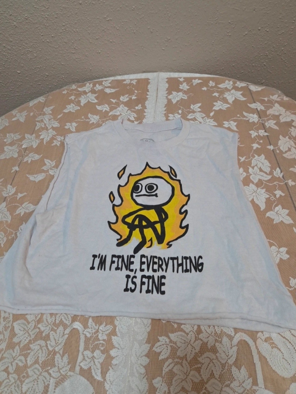 White Graphic Crop Tank Top with Yellow Flame Artwork